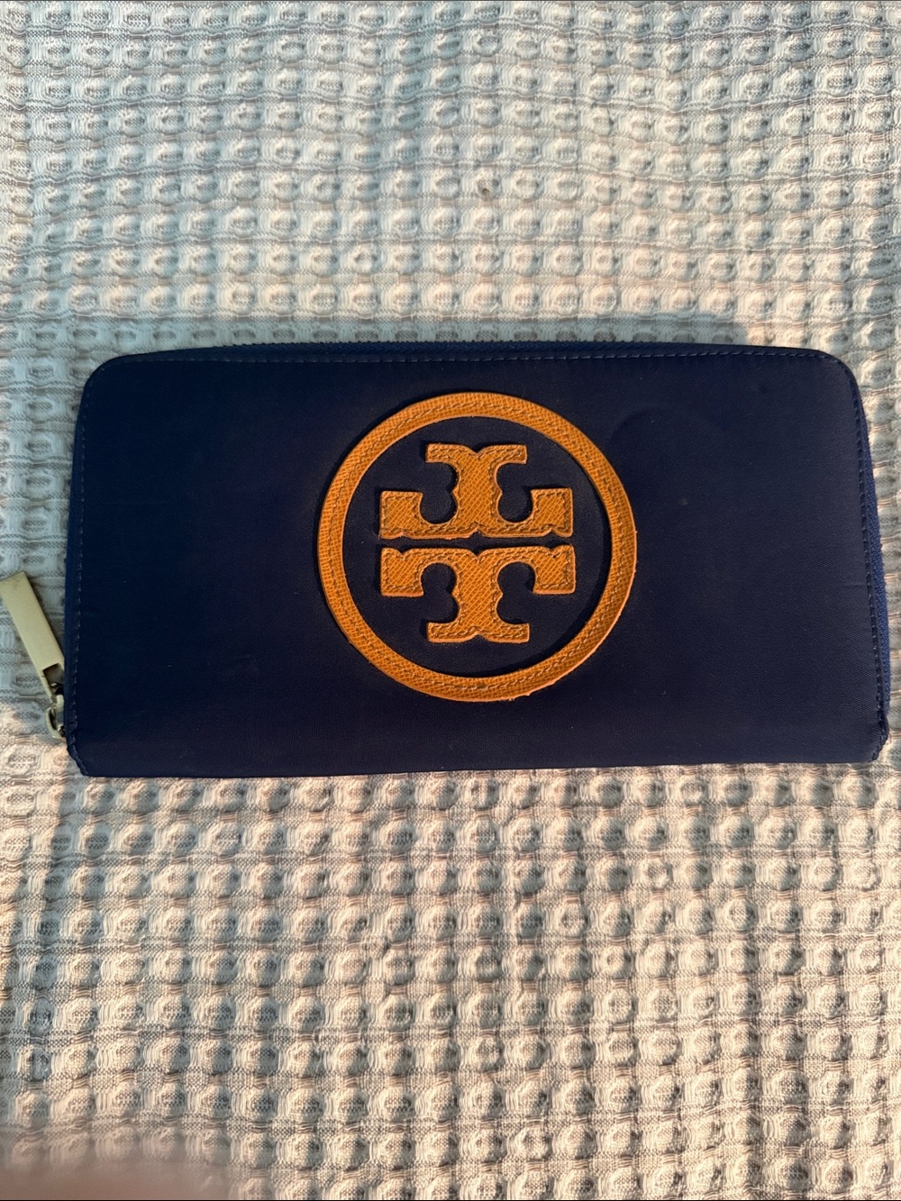Tory Burch Navy Zip Wallet with Tan Logo Patch